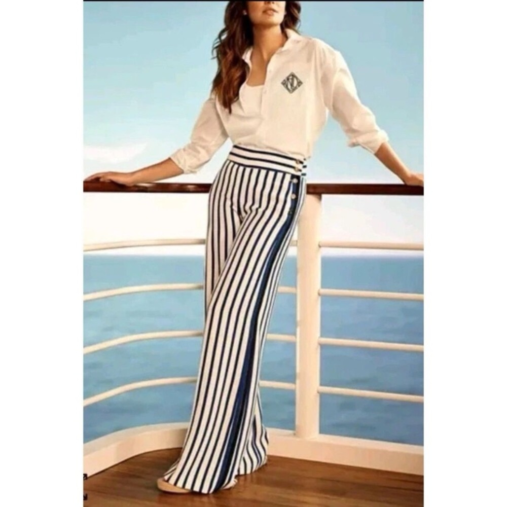 LAUREN RALPH LAUREN White Blue Stripe Wide Leg Pants NWT